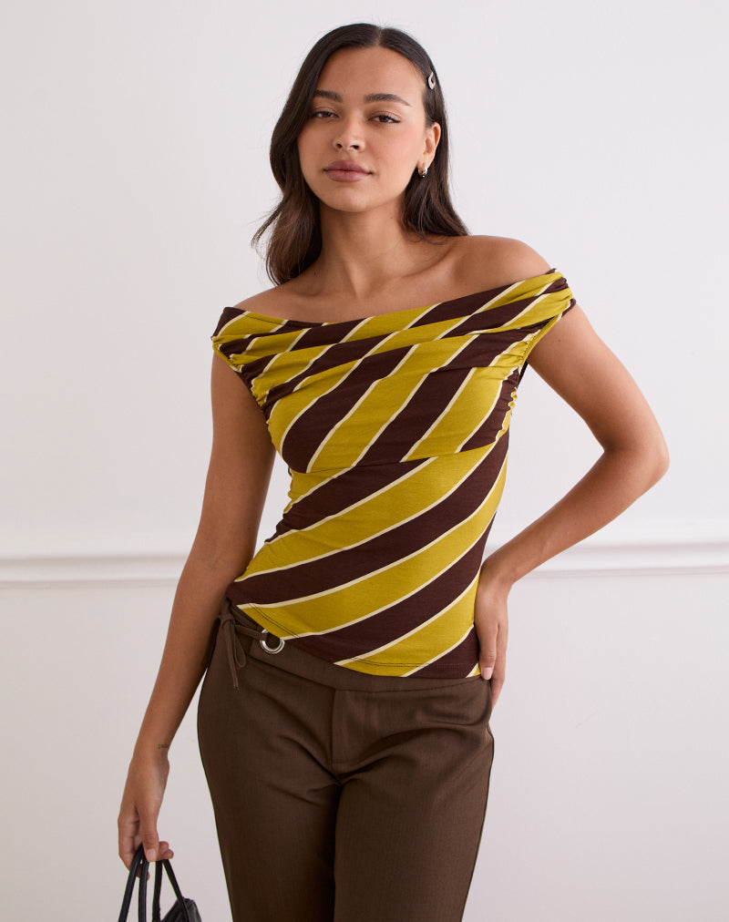 Maurisia - Top off shoulder a righe retrò giallo