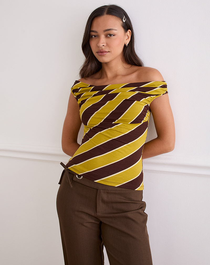 Maurisia - Top off shoulder a righe retrò giallo