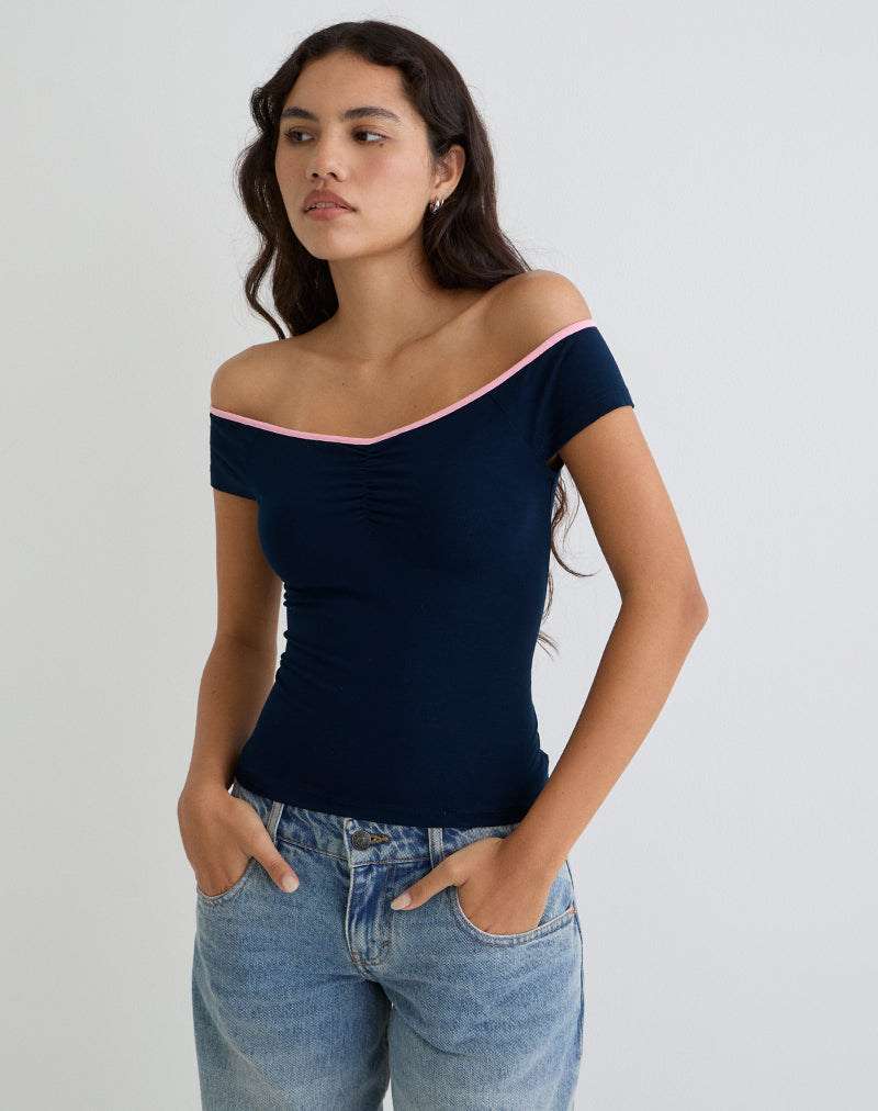 Immagine Mayomi - Top off the shoulder in blu scuro con rilegatura rosa