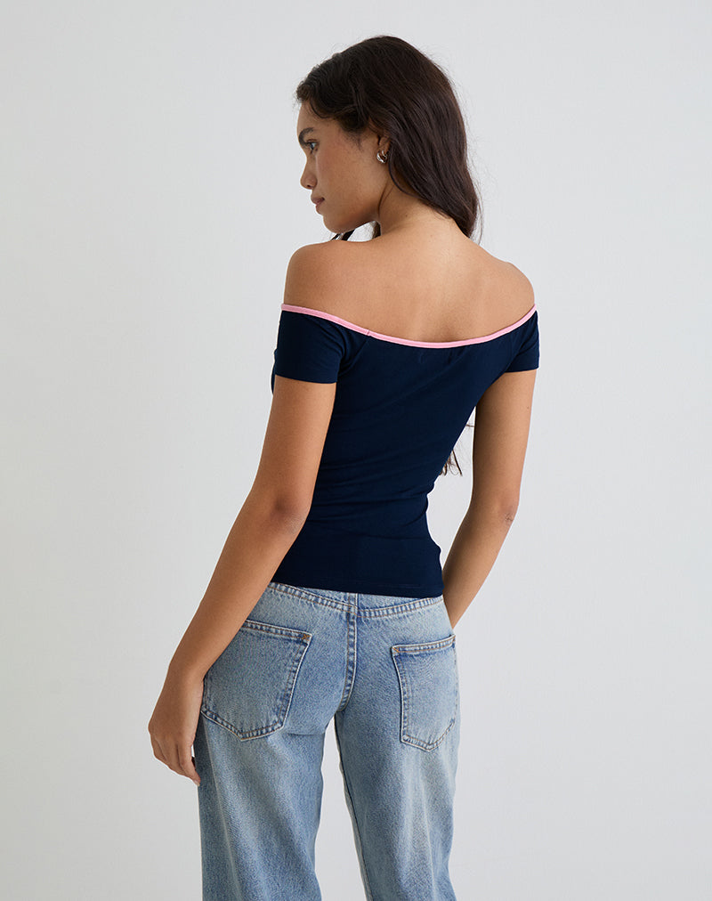 Immagine Mayomi - Top off the shoulder in blu scuro con rilegatura rosa