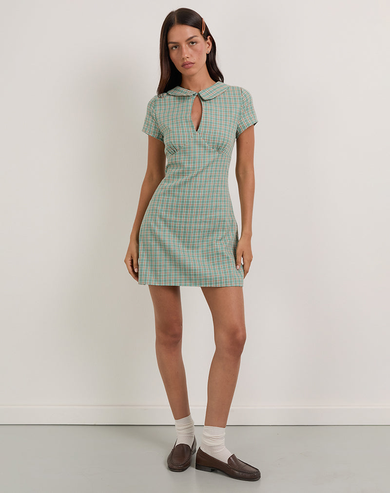 Mini abito Medora con buco della serratura in Teal Check