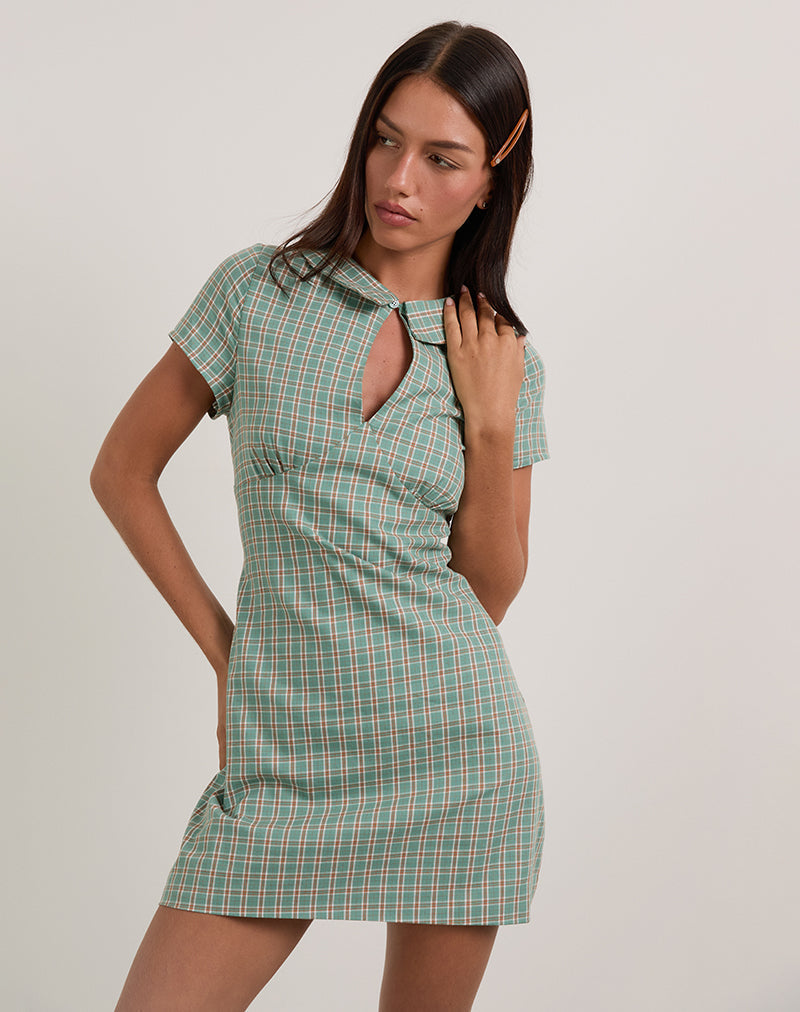 Mini abito Medora con buco della serratura in Teal Check