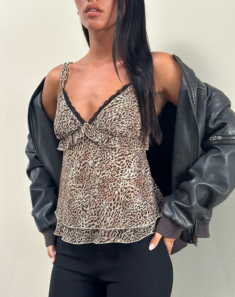 Top Melinda Frill Cami in chiffon leopardato