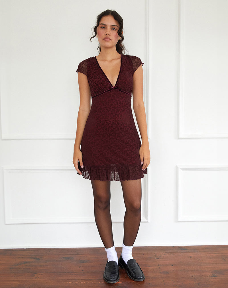 Immagine di Melva Mini Abito in Ditsy Flock Burnt Maroon