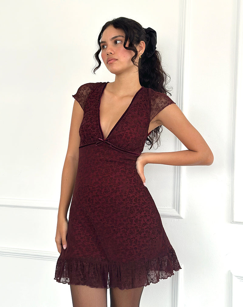 Immagine di Melva Mini Abito in Ditsy Flock Burnt Maroon