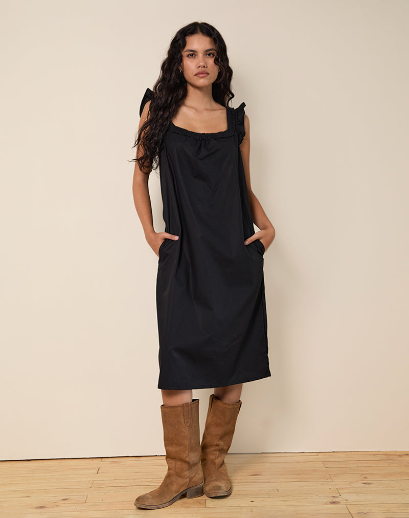 Merrily Smock Midi Dress in popeline nero