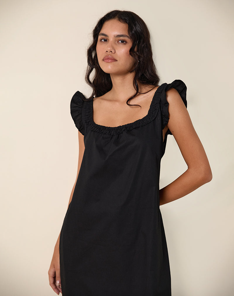 Merrily Smock Midi Dress in popeline nero