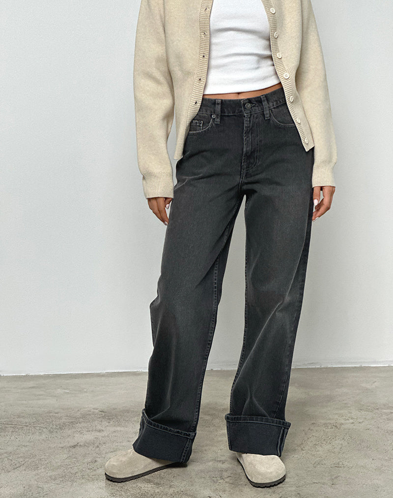 Jeans dritti a vita media con risvolto, lavati, nero e grigio