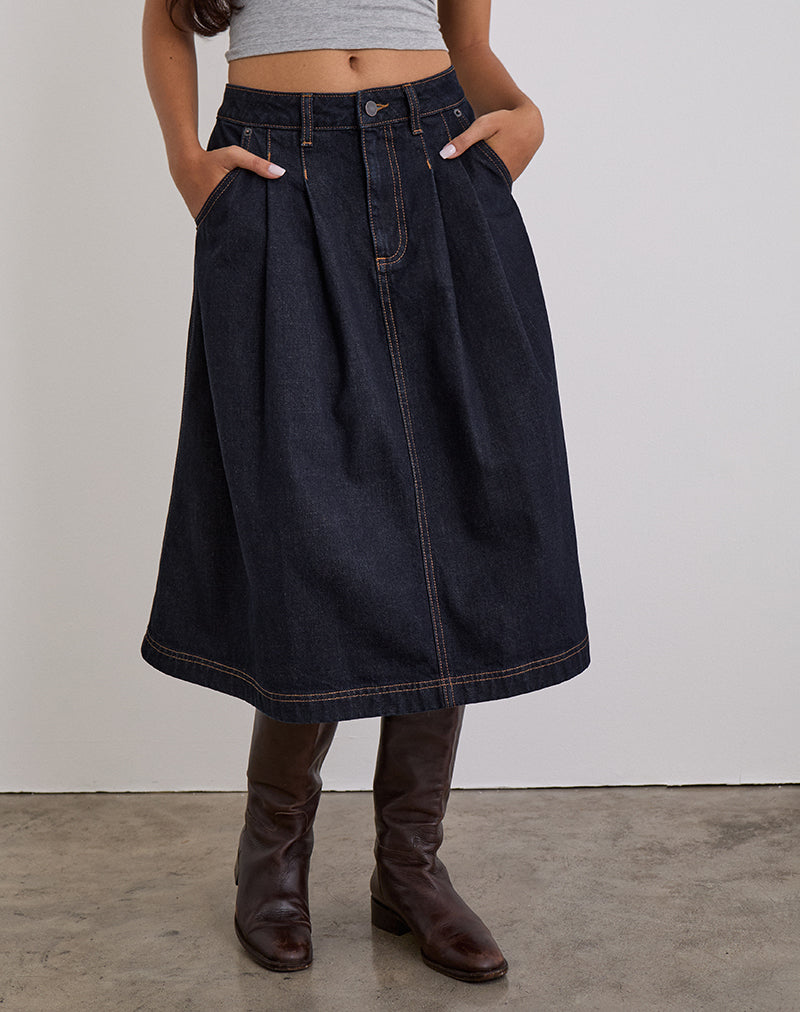 Immagine di Gonna di jeans midi a pieghe in indaco