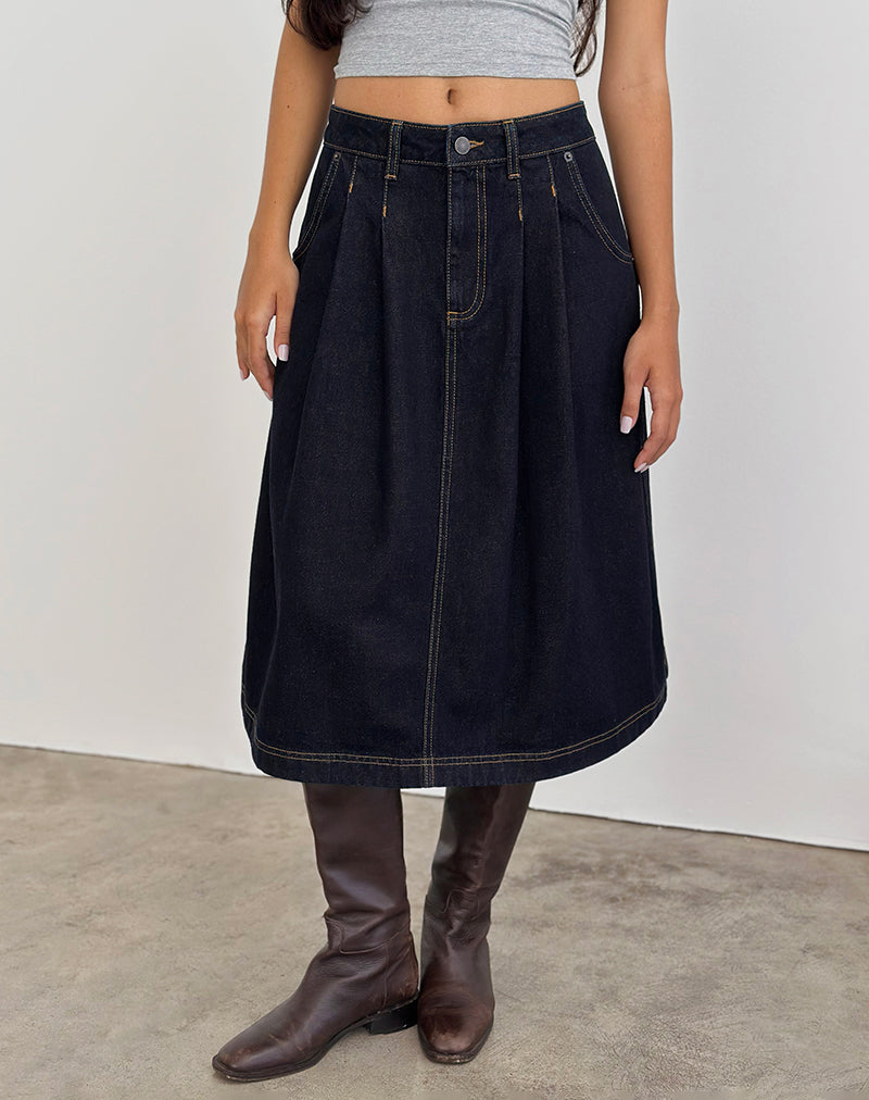 Immagine di Gonna di jeans midi a pieghe in indaco