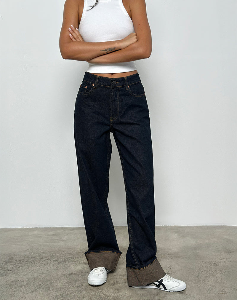 Immagine di Jeans dritti a vita media risvoltati in Indaco
