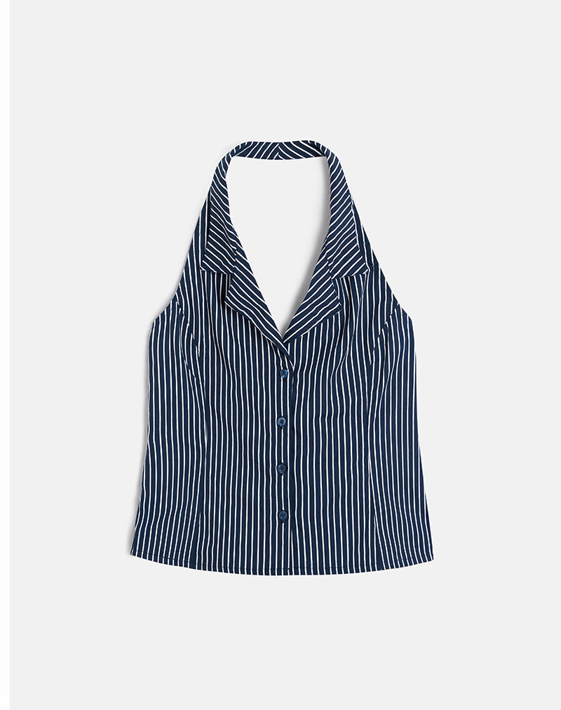 Mikanu - Camicetta con collo alto in gessato - Navy