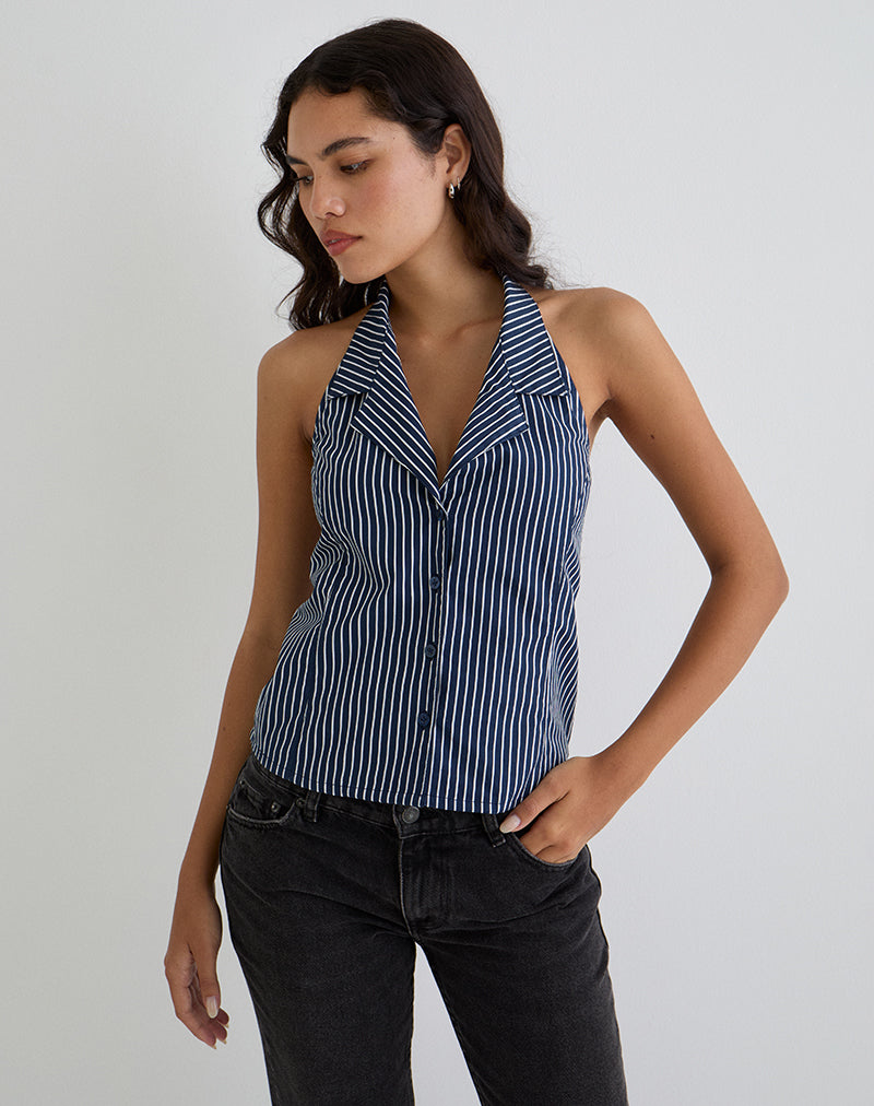 Mikanu - Camicetta con collo alto in gessato - Navy