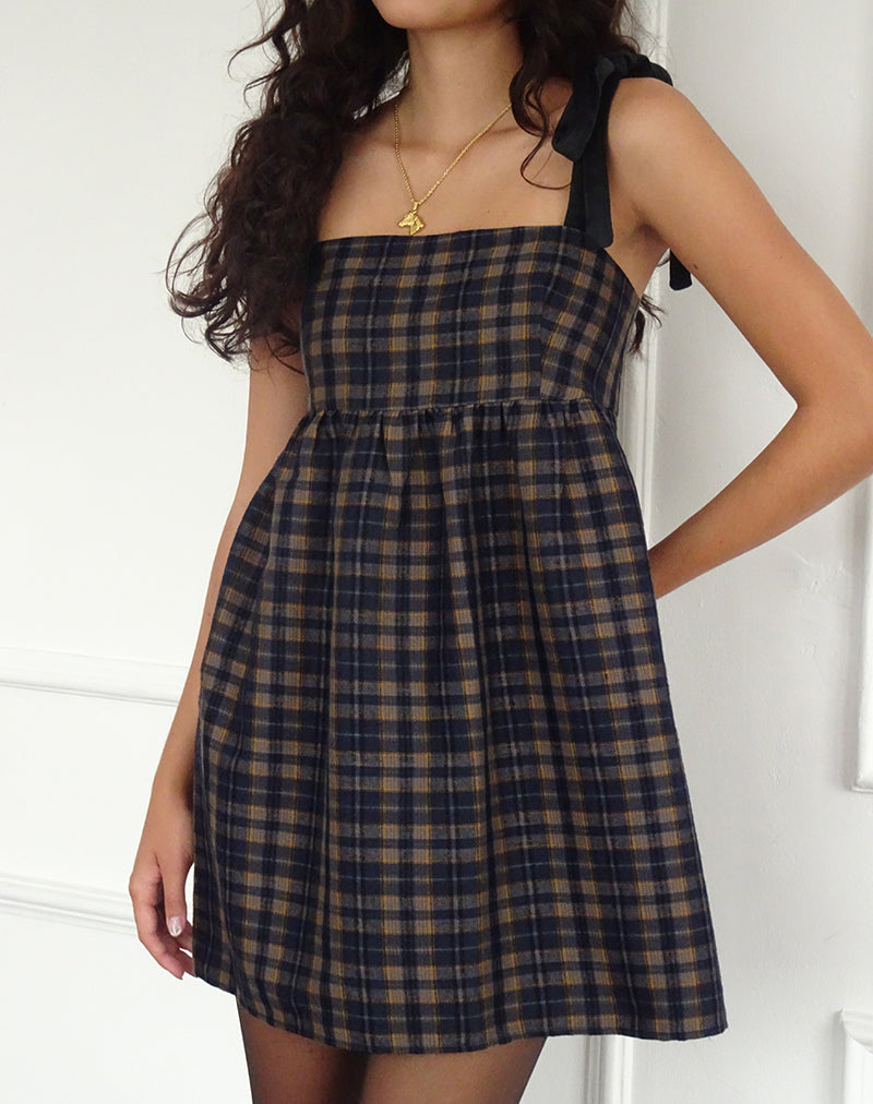 Immagine di Mikayla Mini Abito a Collo Quadrato in Navy e Senape Check