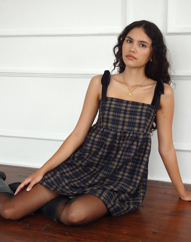 Immagine di Mikayla Mini Abito a Collo Quadrato in Navy e Senape Check