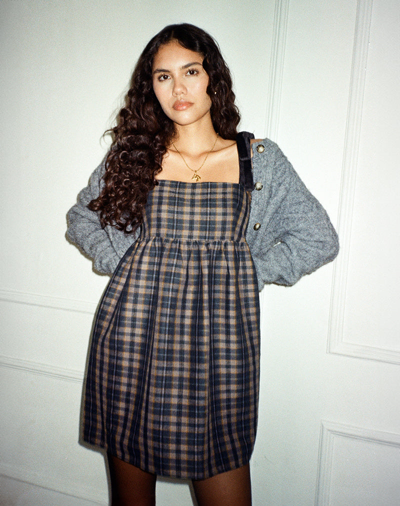 Immagine di Mikayla Mini Abito a Collo Quadrato in Navy e Senape Check