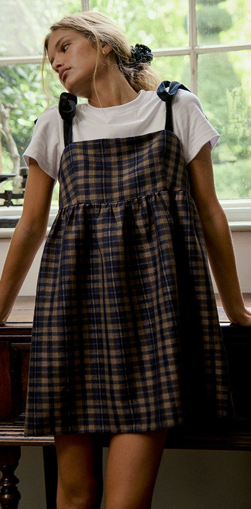 Immagine di Mikayla Mini Abito a Collo Quadrato in Navy e Senape Check