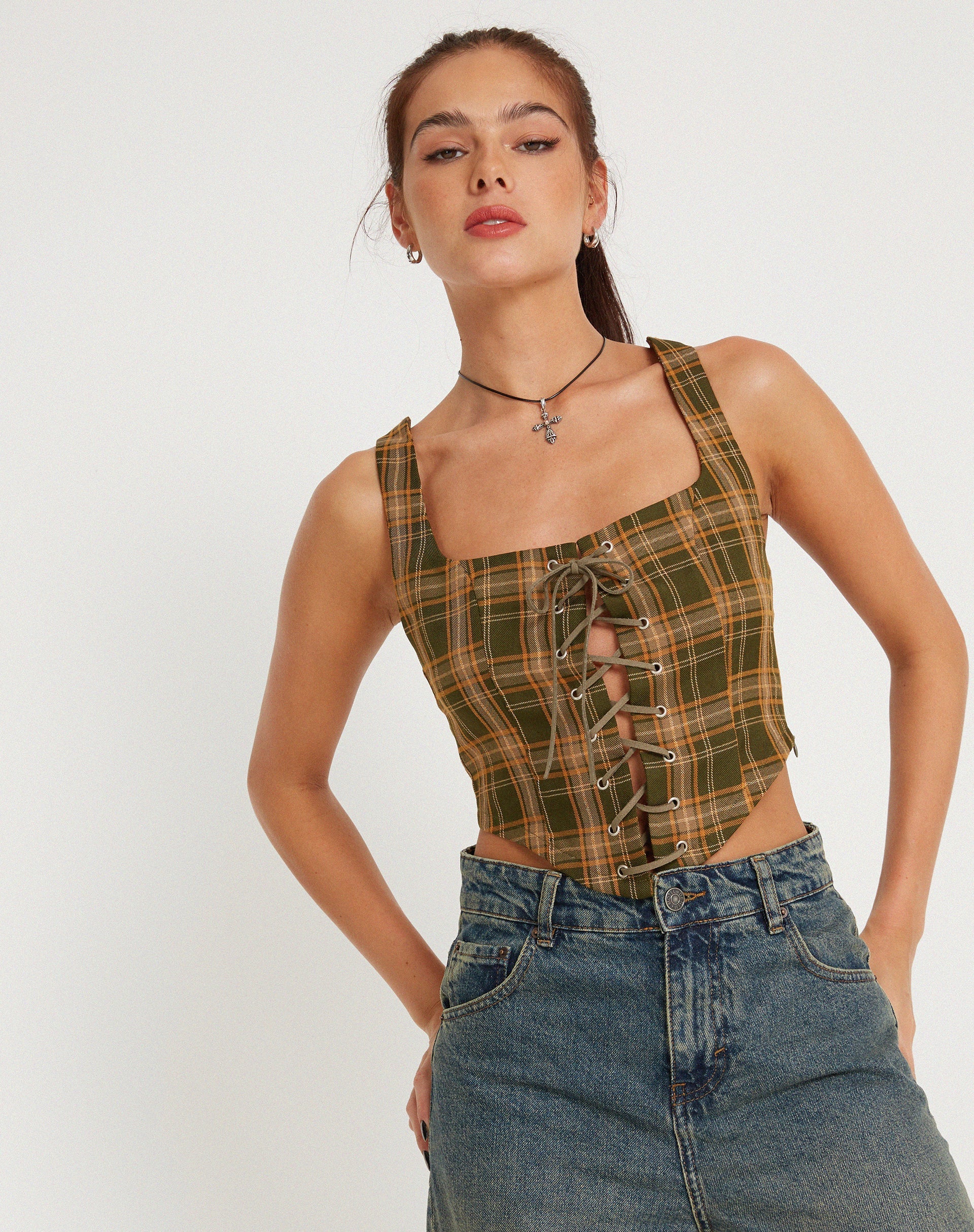 Immagine di Milton Corset Top in tartan verde marrone