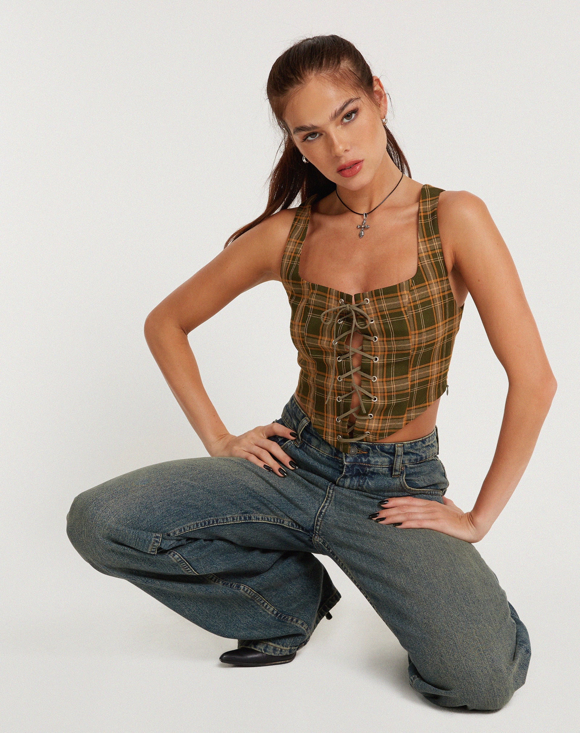 Immagine di Milton Corset Top in tartan verde marrone