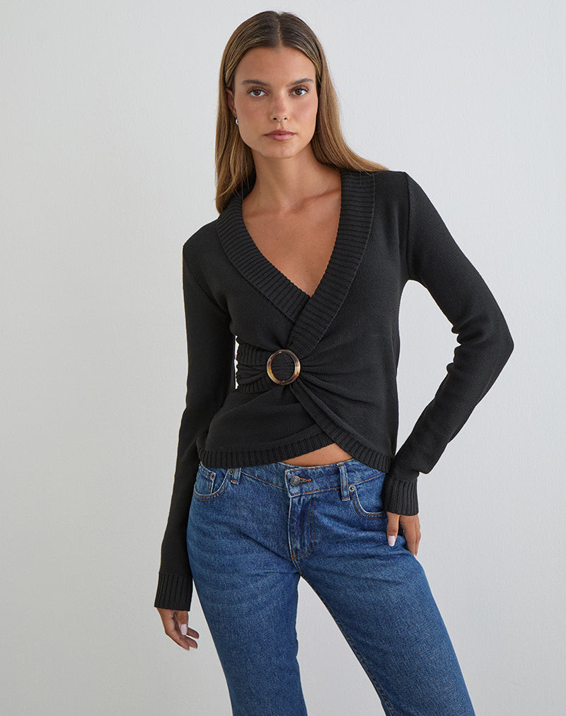Top Minara con fibbia in resina in maglia nera