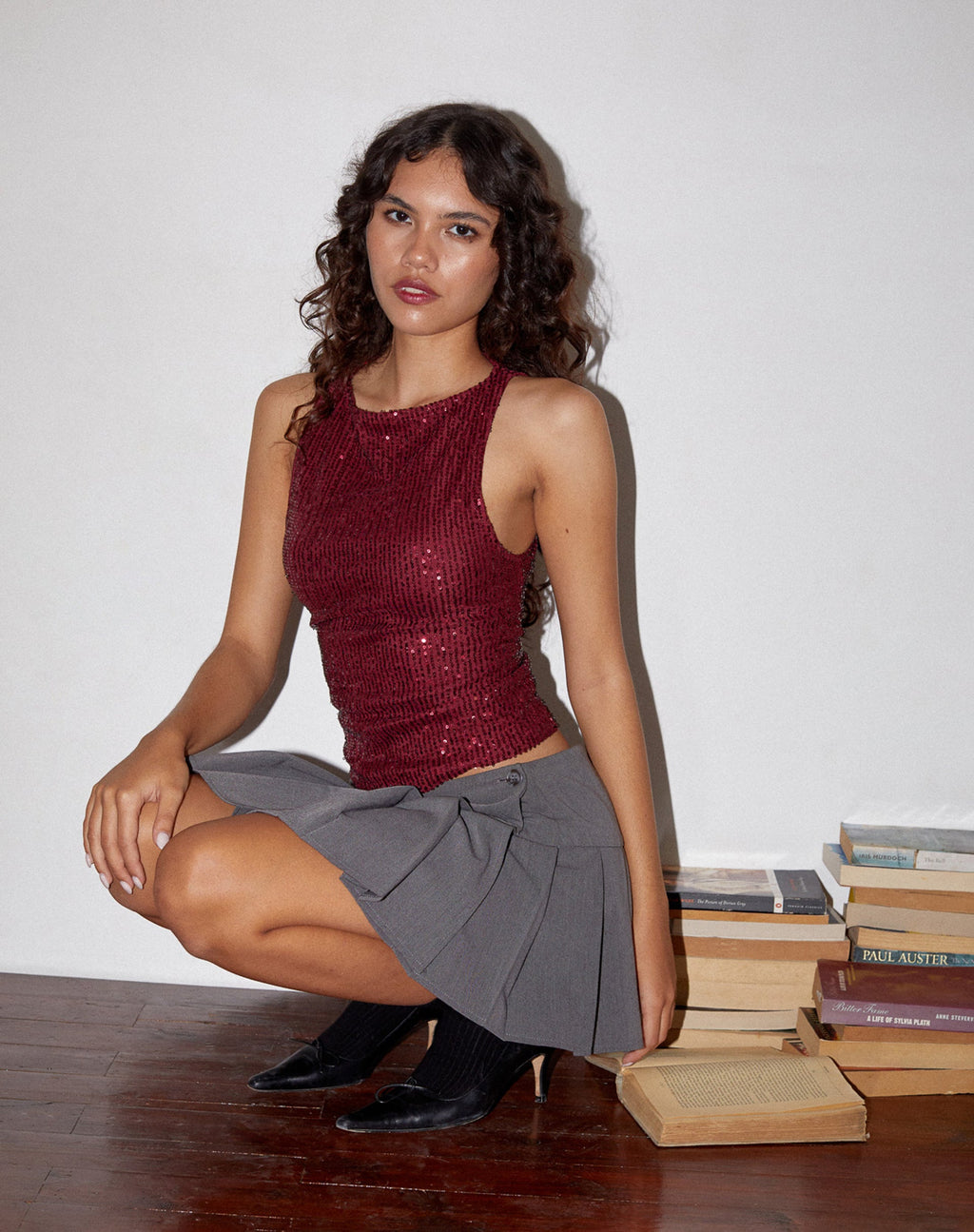 Top Miriam in drappeggio di paillettes marrone