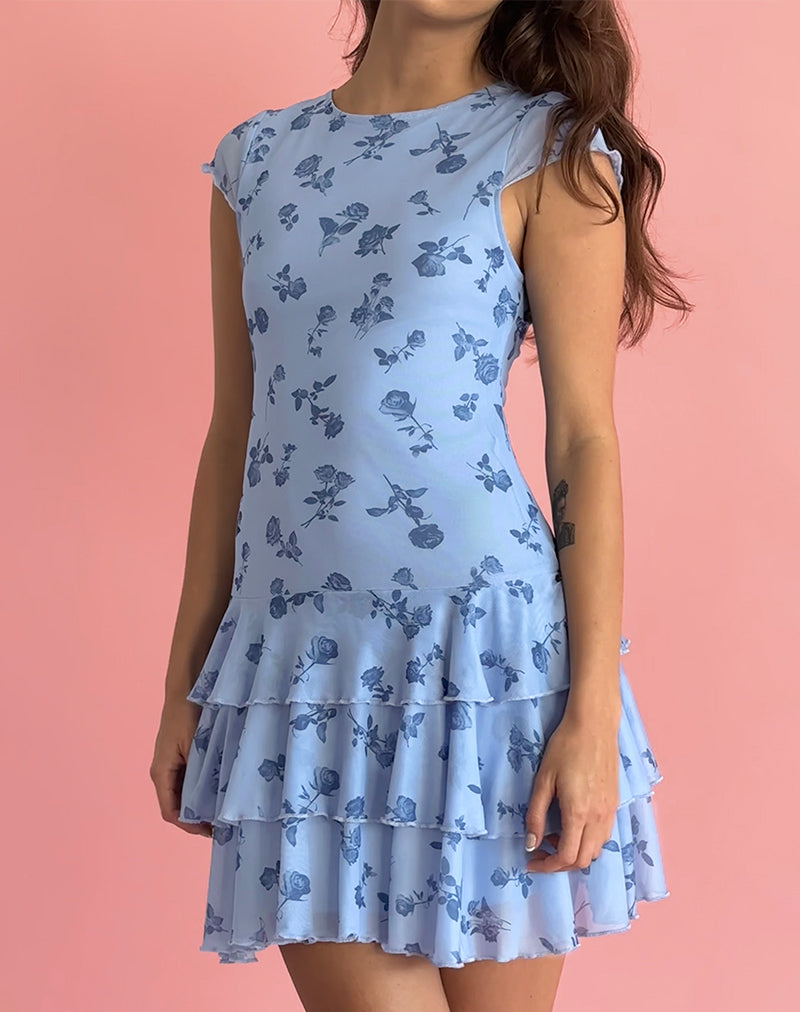 Mini abito Mirtilo in mesh floreale blu inchiostro