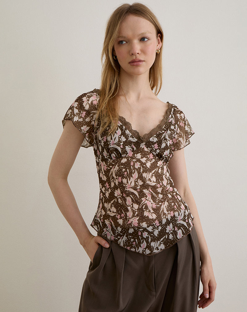 Top Misaki in chiffon a fiori di polka marrone