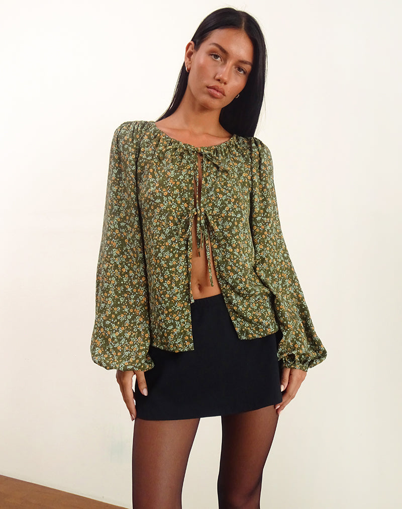 Top a cravatta Modeta in Grunge Floral Khaki