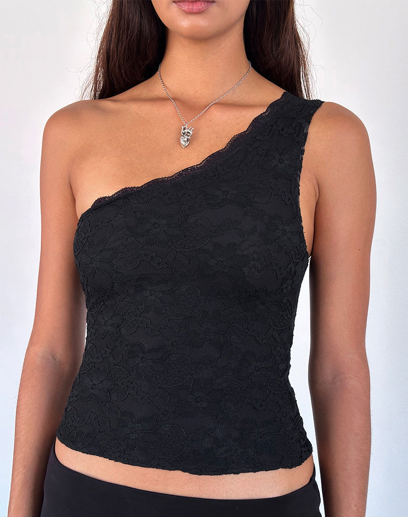 Moira - Top monospalla in pizzo nero