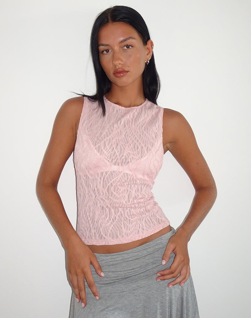 Top Monelo a rete strutturata in rosa trasparente