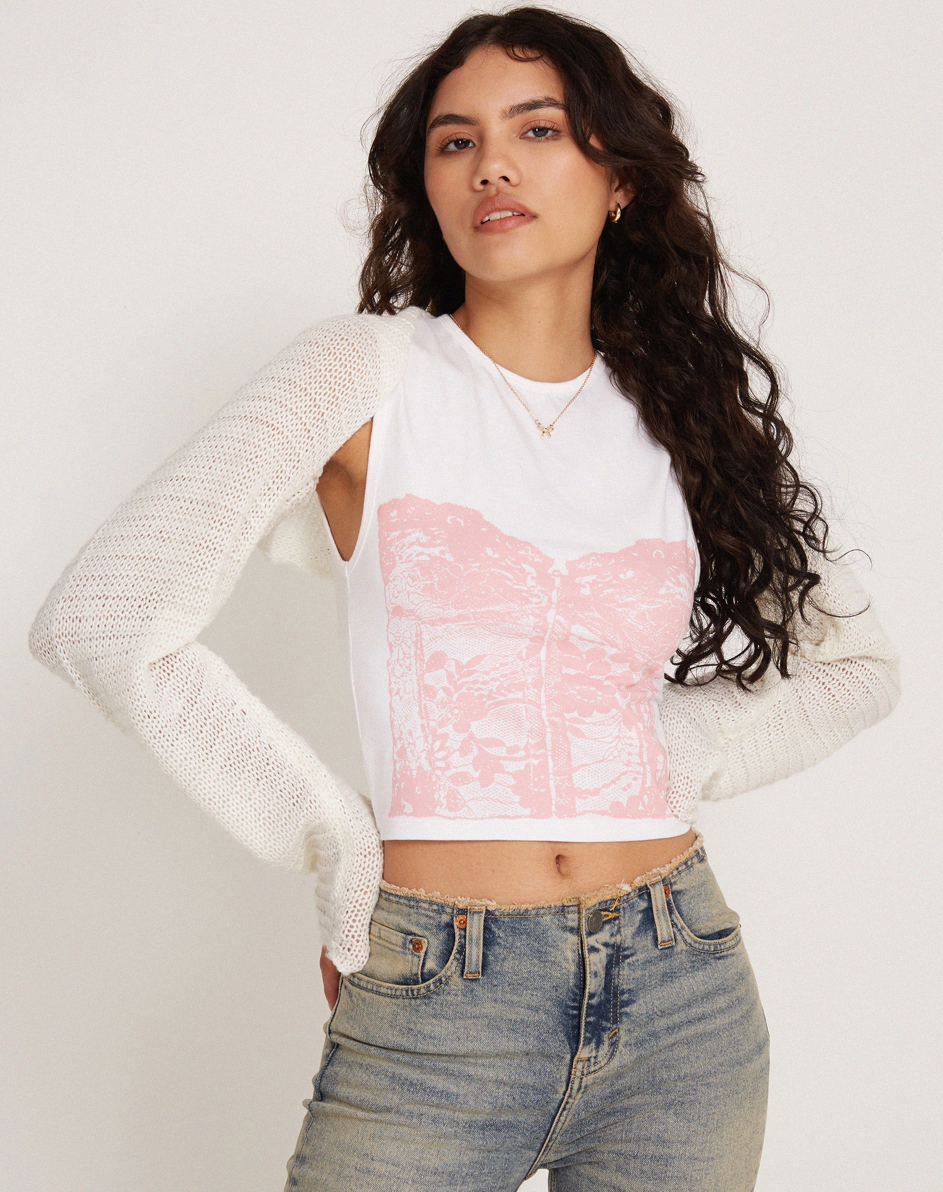 Immagine di Monlo Gilet Top in Bianco Rosa Stampa Corsetto