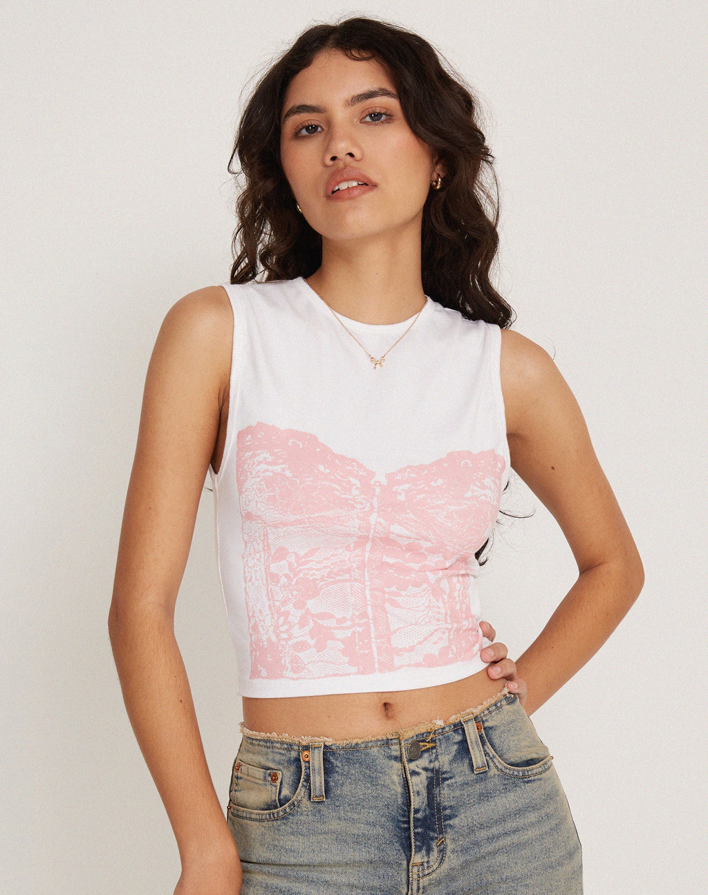 Canottiera Monlo con stampa corsetto bianco-rosa