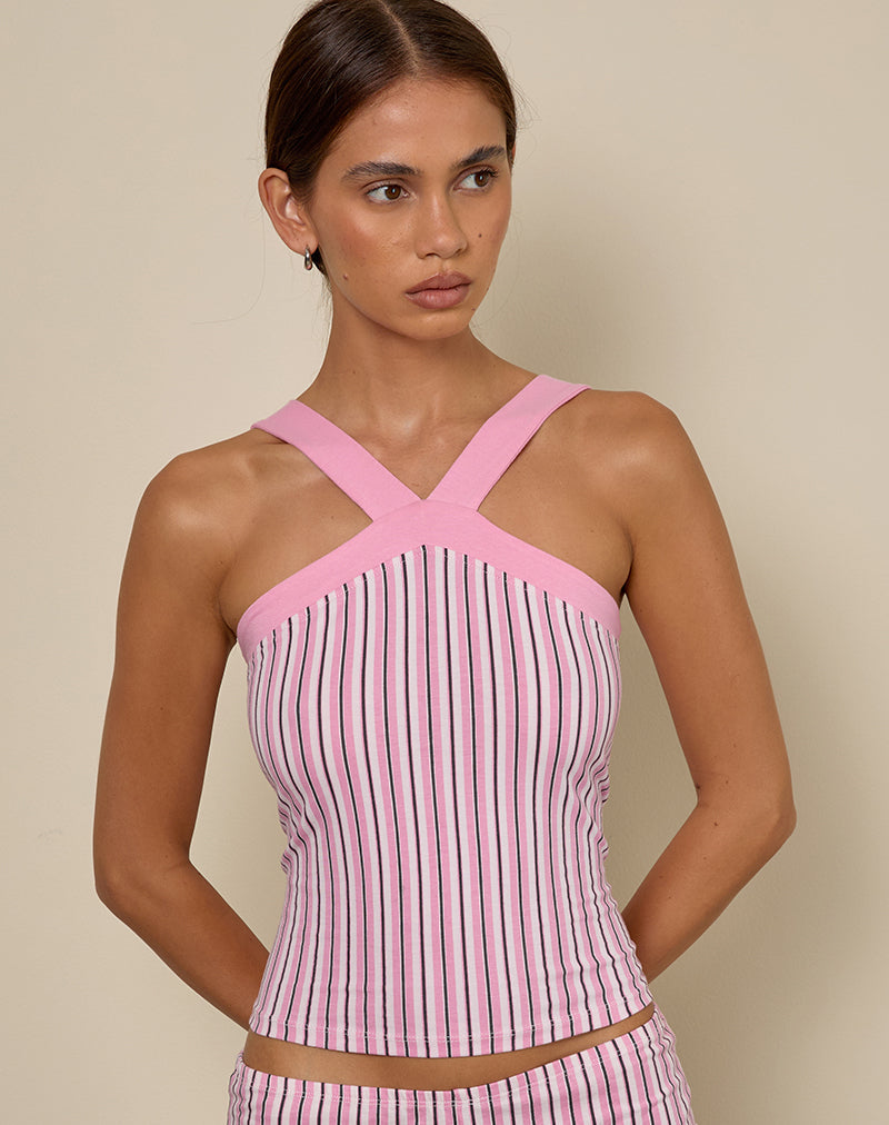 Myer - Top con cinturino largo e aletta in rosa gessato