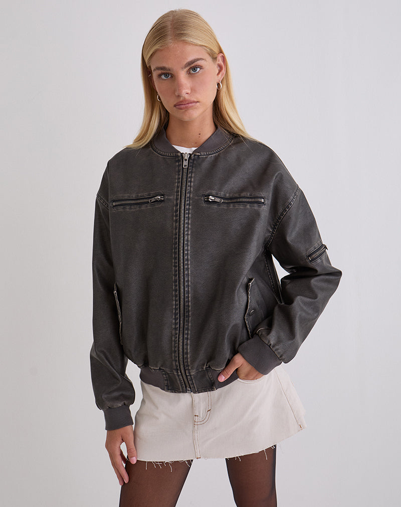 Immagine di Marco Distressed Bomber Jacket in PU Charcoal