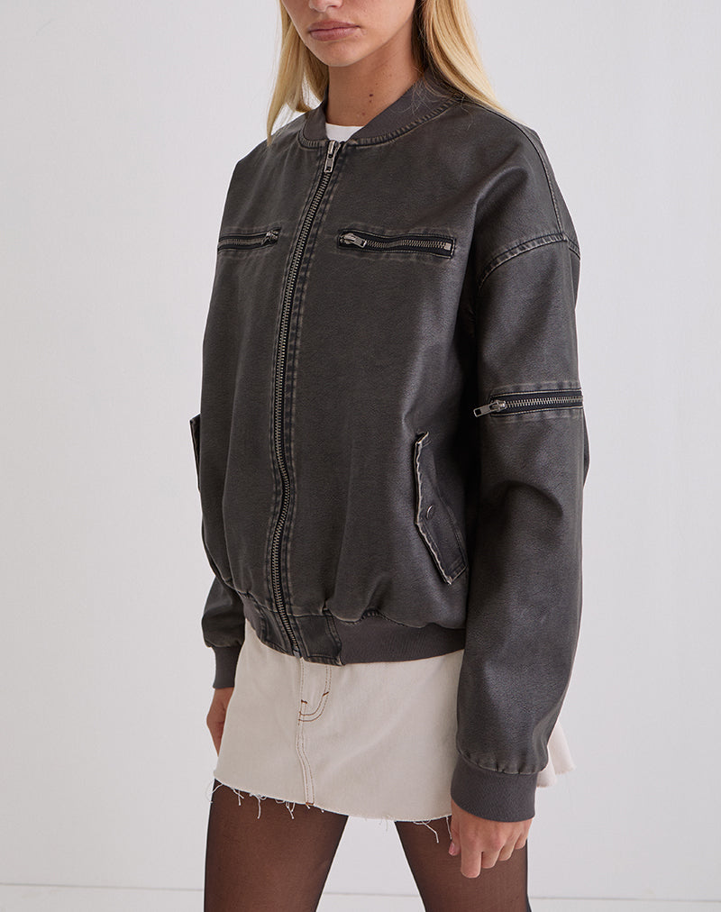 Immagine di Marco Distressed Bomber Jacket in PU Charcoal