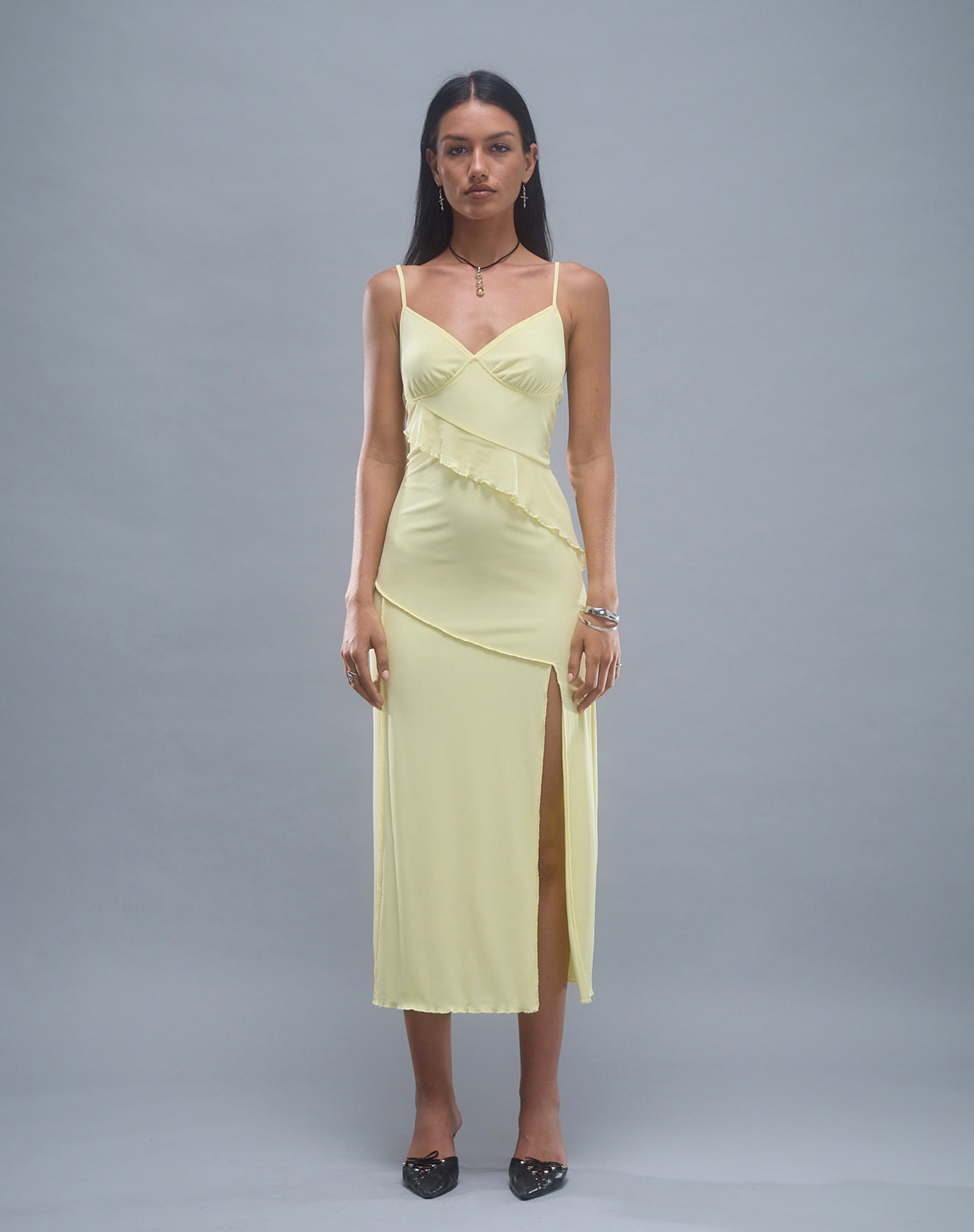 Immagine di Jacy Ruffle Midi Dress in Mesh Lemon