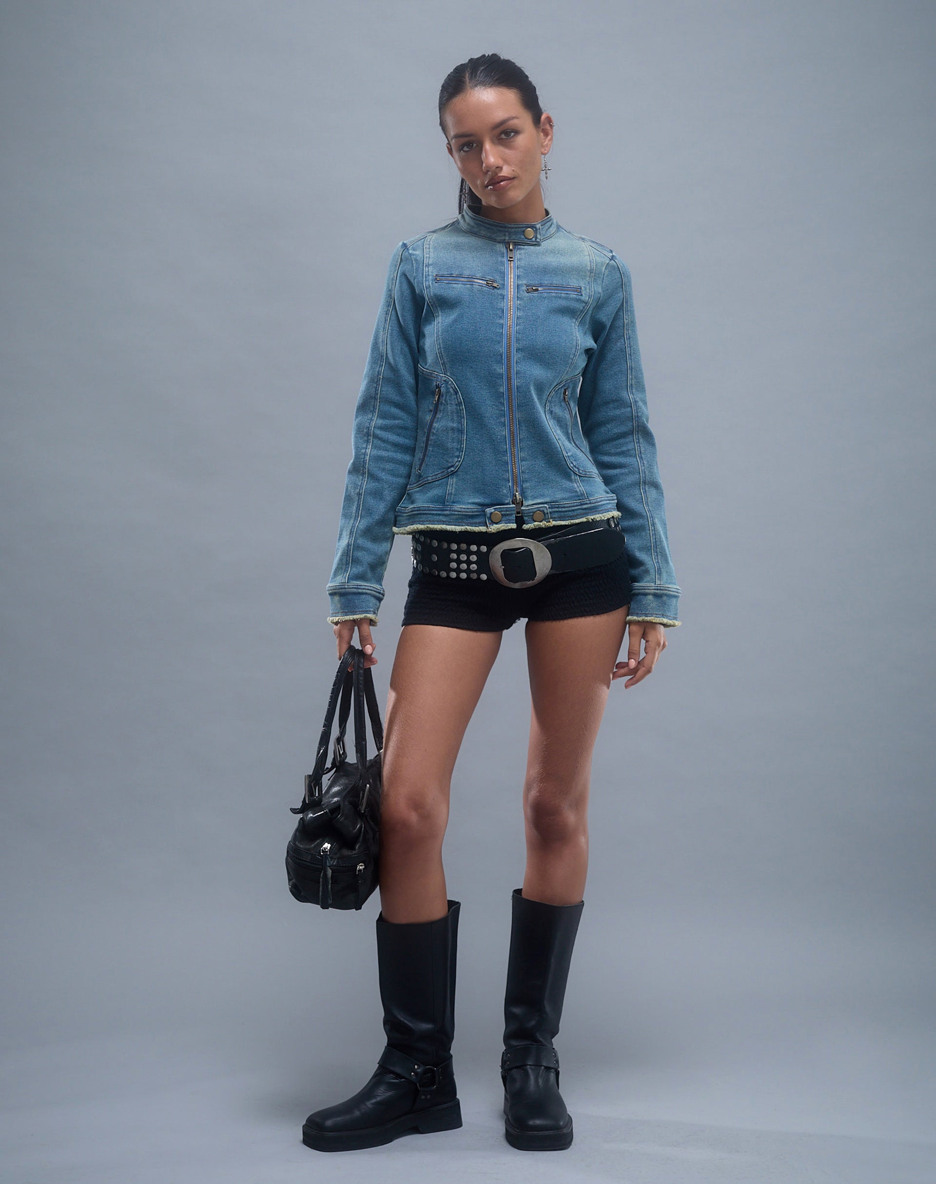 Immagine di Zayn Giacca biker aderente in denim blu vintage