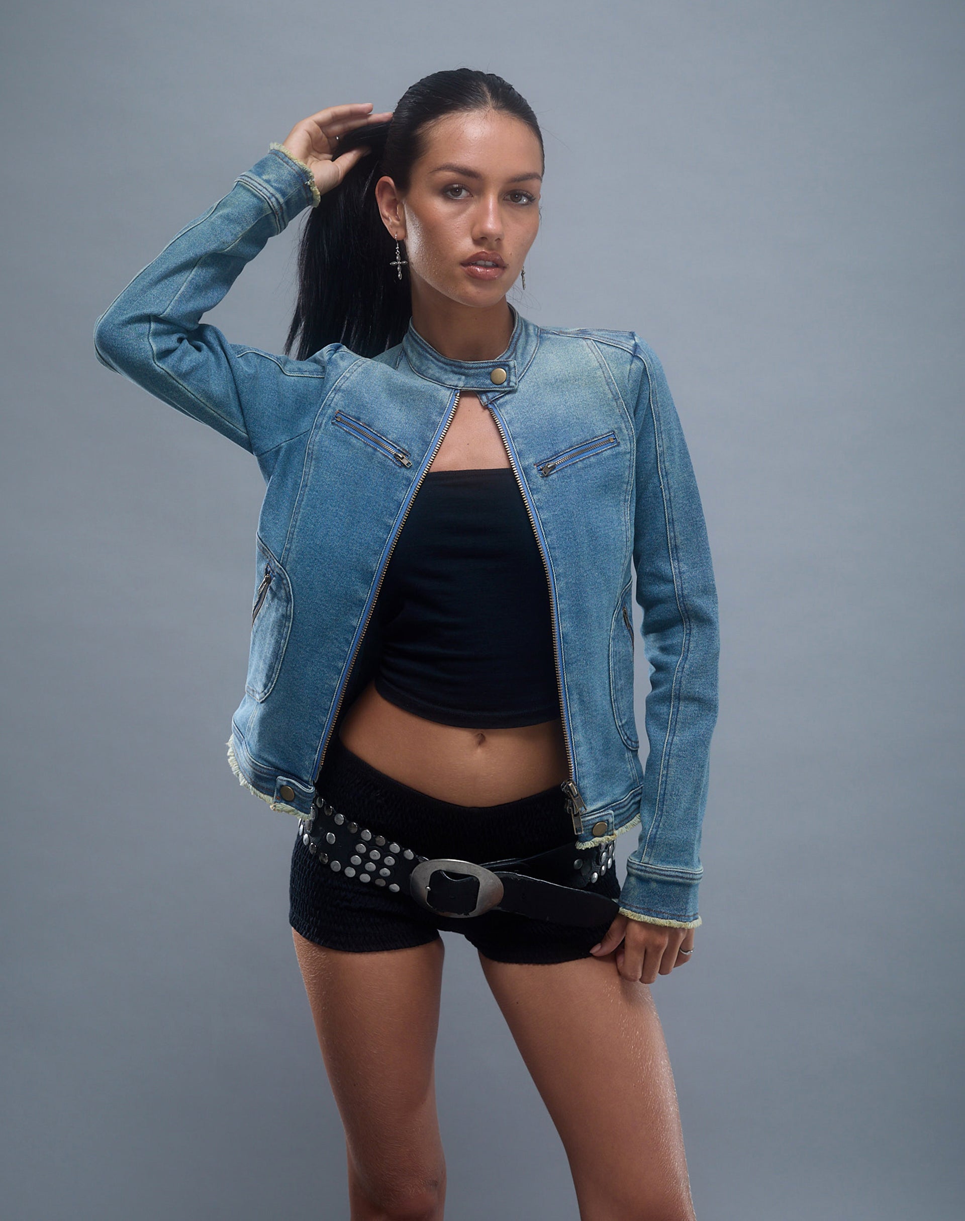 Immagine di Zayn Giacca biker aderente in denim blu vintage