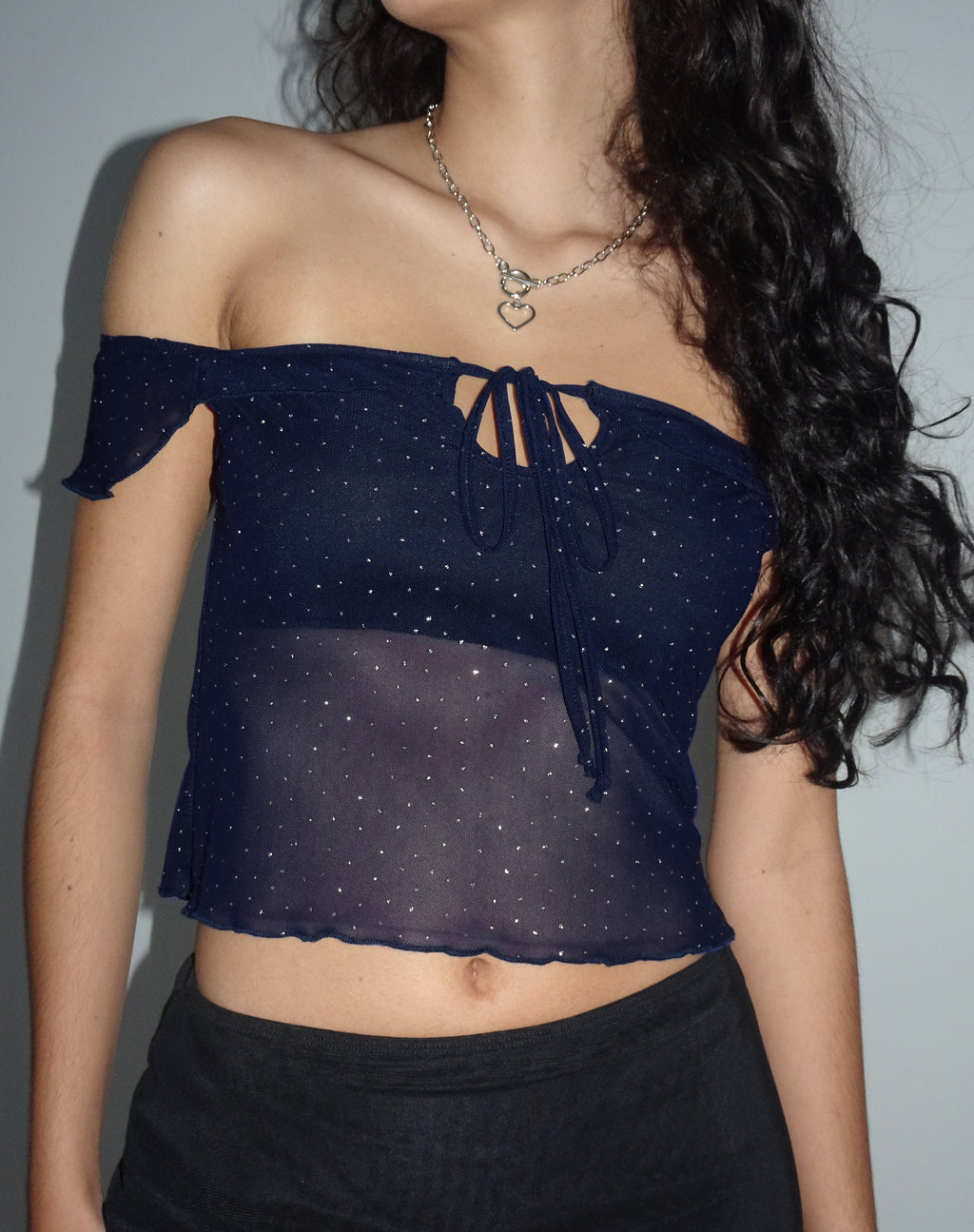 Nabil Bardot Crop Top in mesh navy