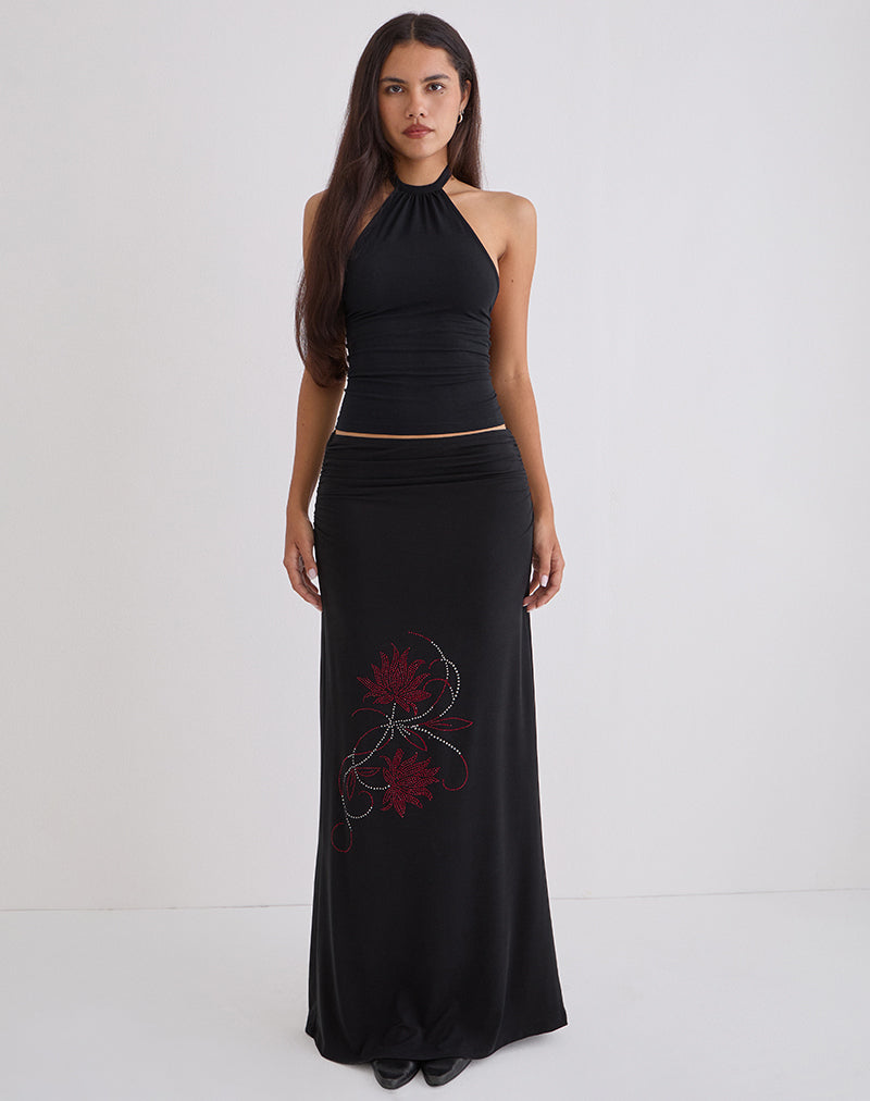Naisra Maxi Skirt in Cupro Diamante Flower Black