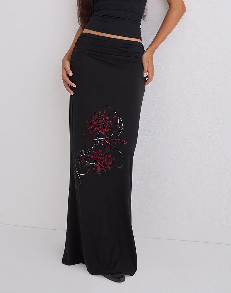 Image of Naisra Maxi Skirt in Cupro Diamante Flower Black