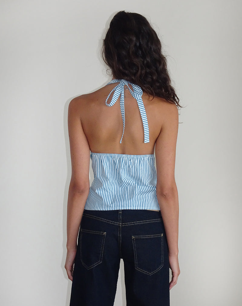 Top Nandu in popeline blu a righe verticali piccole