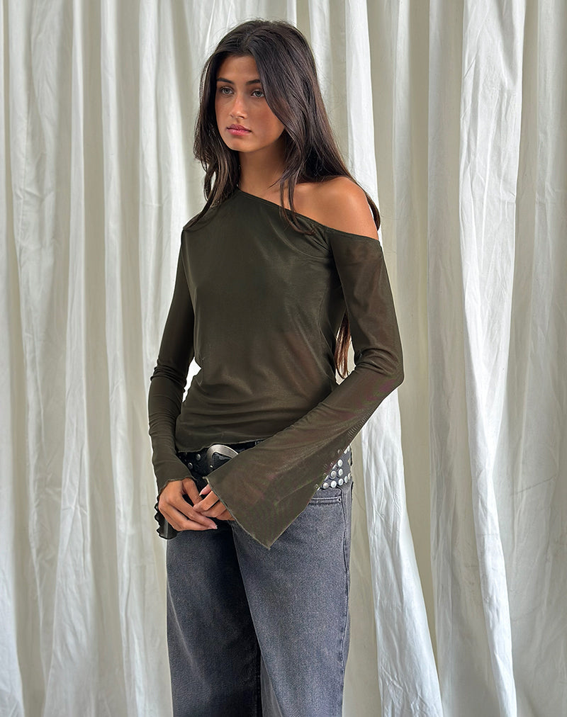 Narcissa - Top asimmetrico a maniche lunghe in maglia oliva scuro