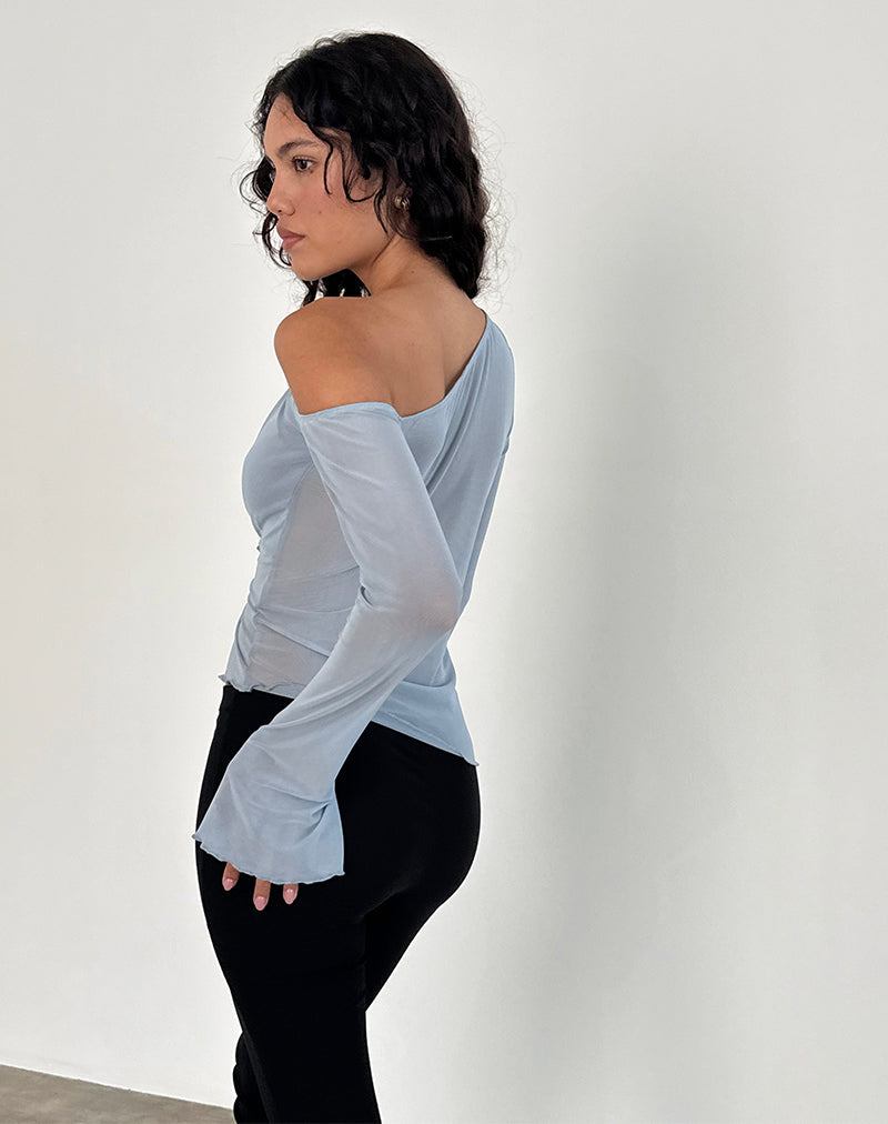 Immagine di Narcissa Top asimmetrico a maniche lunghe in mesh azzurro