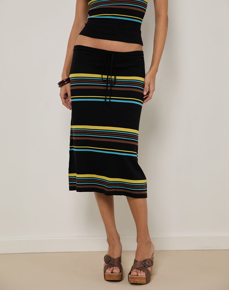 Gonna midi Amalia in nero con strisce marroni e blu