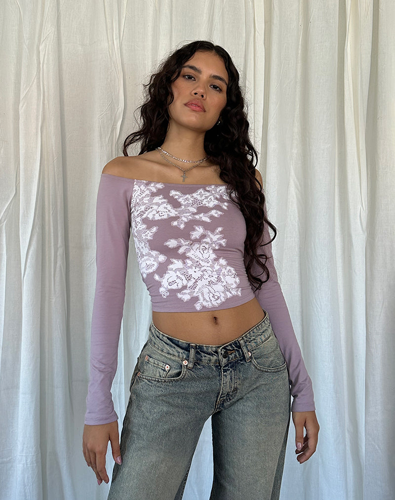 Immagine di Nauby Top Bardot a maniche lunghe in pizzo floreale color malva chiaro