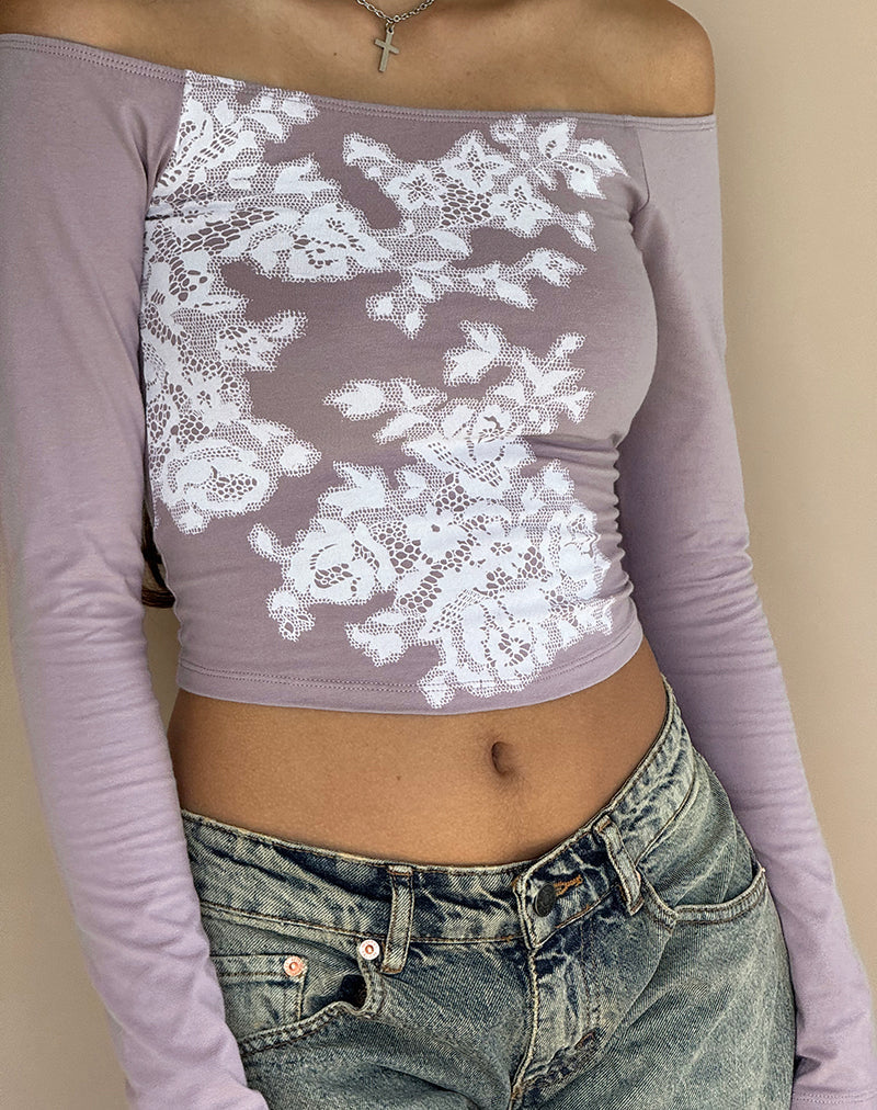 Immagine di Nauby Top Bardot a maniche lunghe in pizzo floreale color malva chiaro
