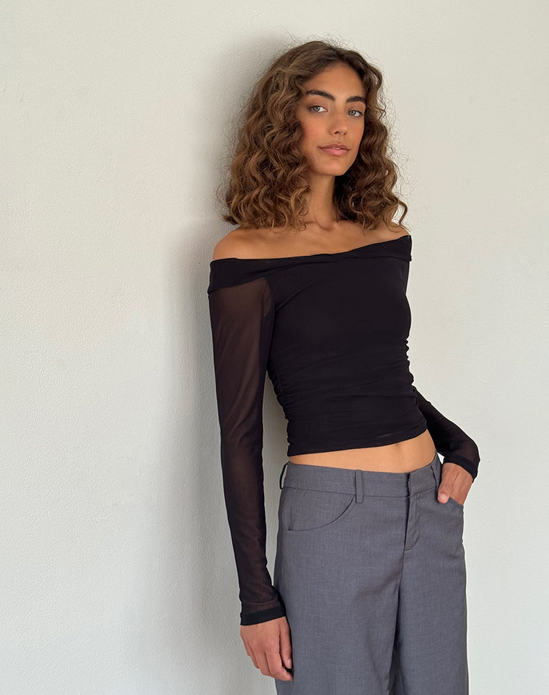 Immagine di Nauri Top Bardot a manica lunga in mesh nero