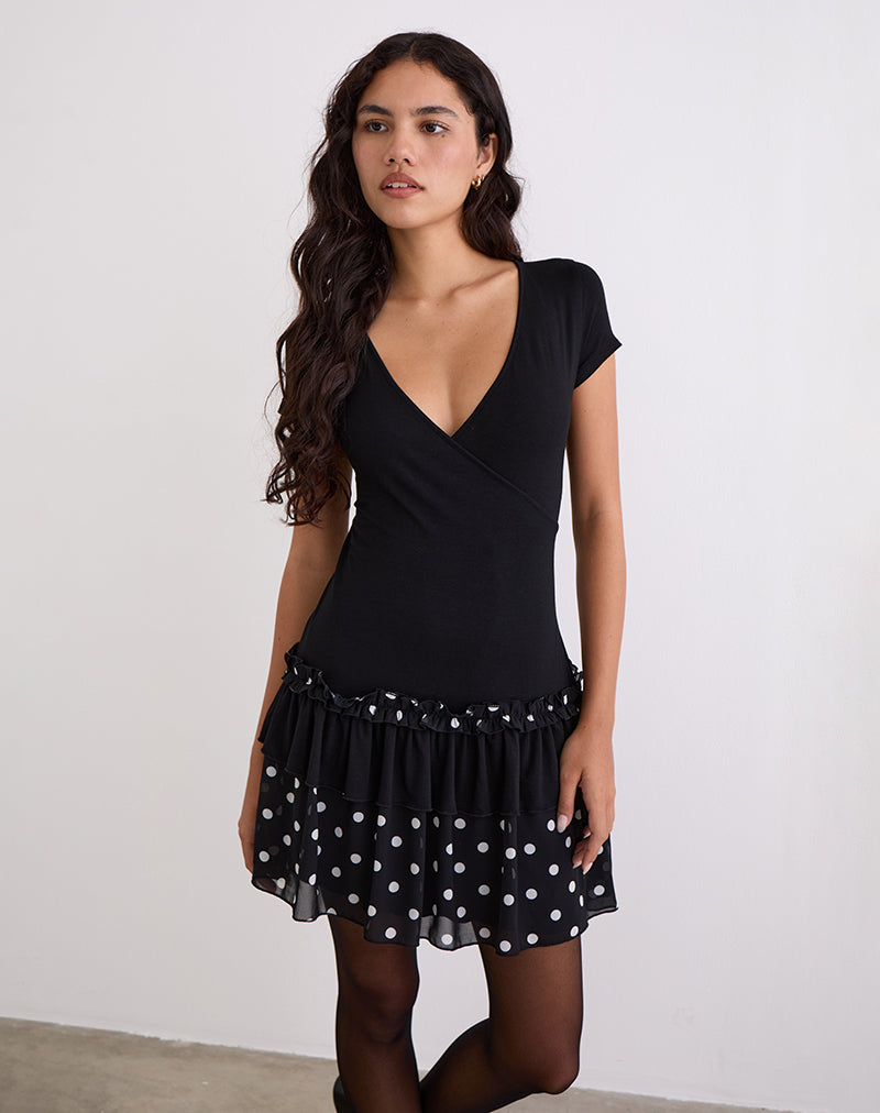 Mini abito a portafoglio Navya in bianco e nero a pois