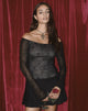Immagine di Neira Top Bardot in rete a manica lunga in nero Abstract Flower Flock
